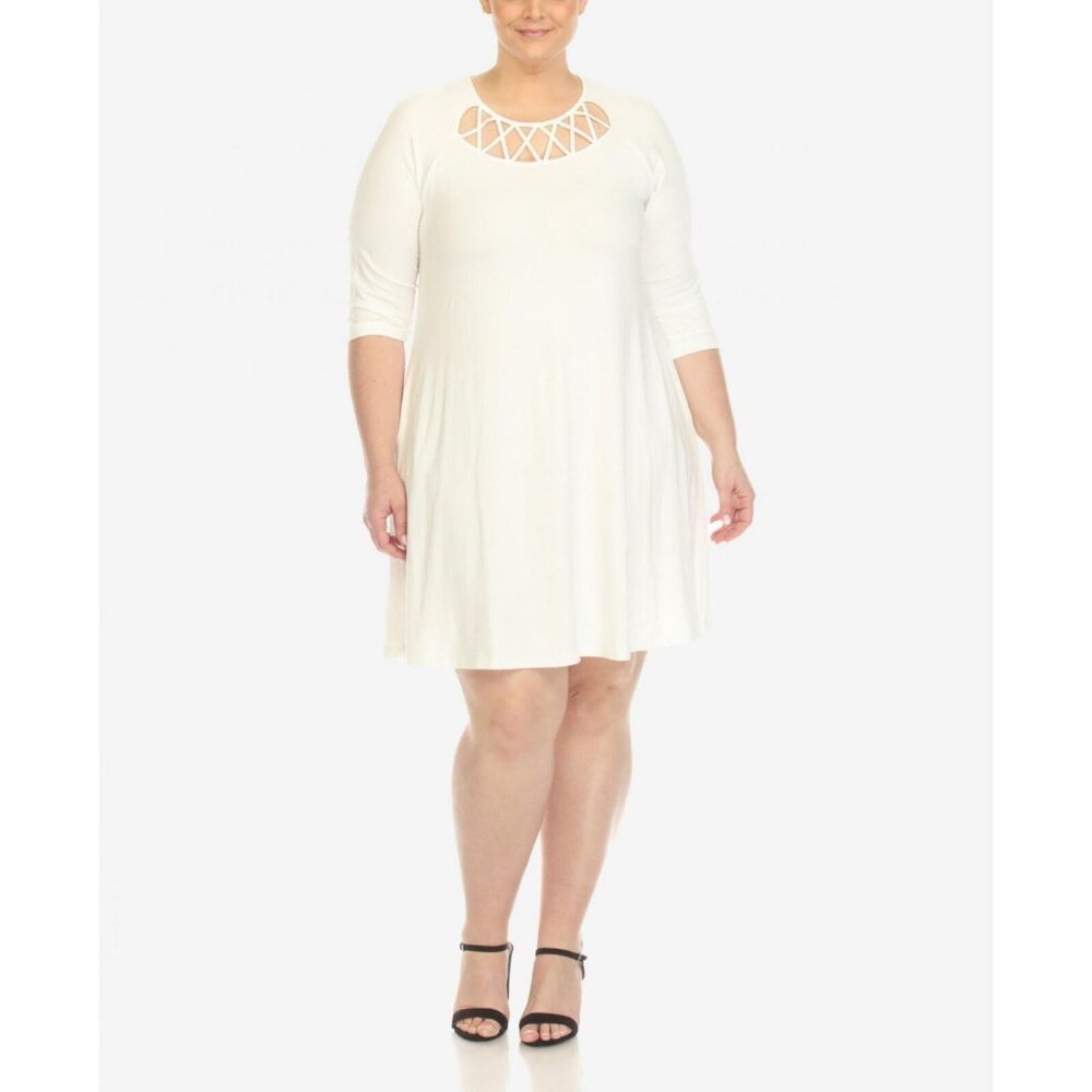 NWT White Mark Criss Cross Neckline 3/4 Sleeve Swing Dress PS13339 3X White